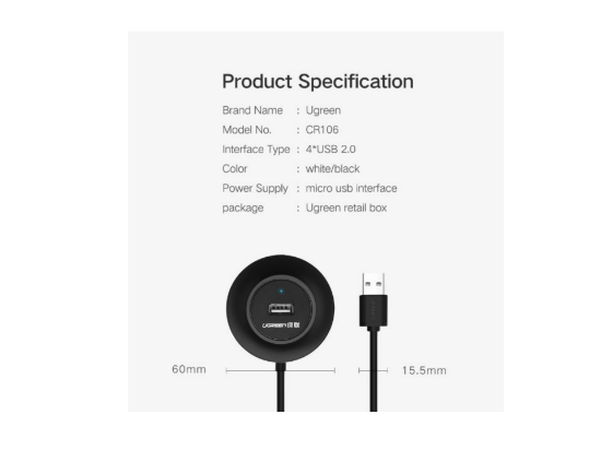 UGREEN CR106 20277 USB 2.0 Hub 4 Ports 1m (Black)2